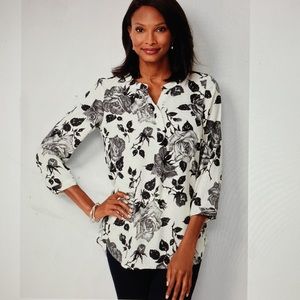 Talbots Airy Popover Blouse - Floral Print Blouse Ivory and Black Size M